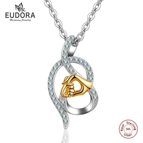 EUDORA 925 Sterling Silver Hand and Hand Celtics knot Pendant Women Family Necklace Fine Jewelry for Mothers Day Gift D165