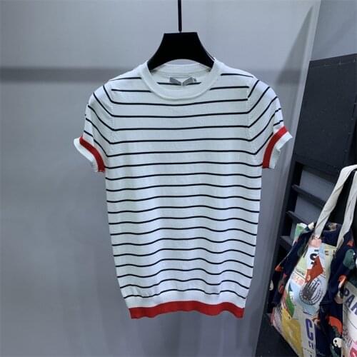 2021 New Summer Men O-neck Short Sleeve Tees Mens Chic Striped Knitted T-shirt Male Casual Thin Ice Silk Plus Size Tops B13
