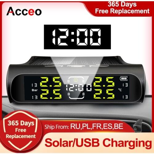 E-ACE K20 Electronic Clock Car TPMS Tire Pressure Sensors LCD Screen Solar Power USB port Auto Tire Pressure Security Monitor