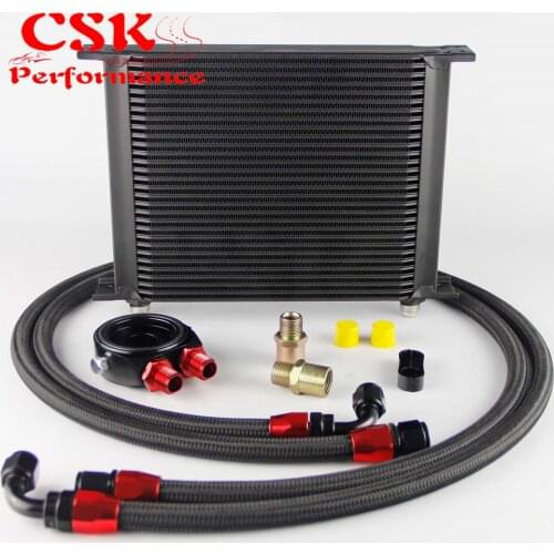AN8 30 Row 248mm Universal Engine Transmission Oil Cooler British Type + Aluminum Filter Hose End Kit Black/Blue