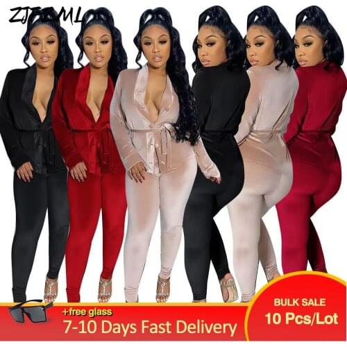 Bulk Items Wholesale Lots Women Set Velour Two Piece Outfit Waist Shape Long Sleeve Coat and Fitness Trouser Loungewear Suits