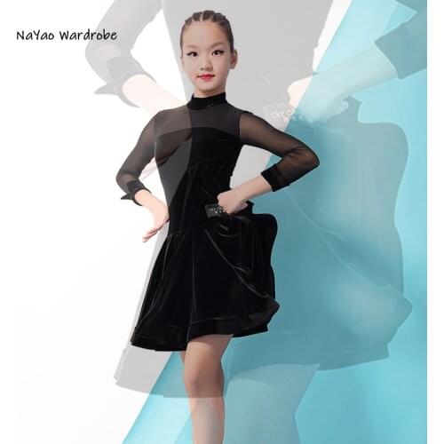 2021 New G3025 Kids Latin Dance Dress Long Sleeve Lotus Design High Neck Girl Latin Dancing Cloth Stage Ballroom Dancewear