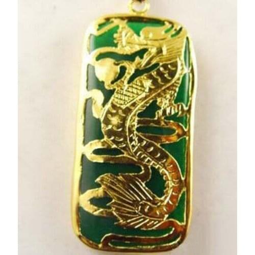 Emerald Green Jade Dragon Long Yellow Gold Plated Pendant & Necklace