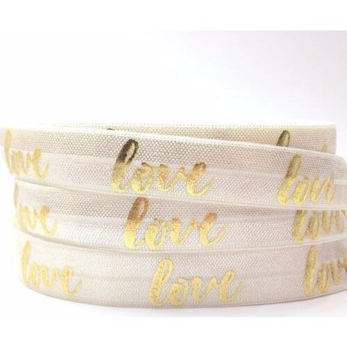 Newest Gold Foil LOVE Print Fold Over Elastic 5/8" Hair Tie FOE Ribbon Ivory 10 yards for Girls Headband Bracelet DIY Head wear