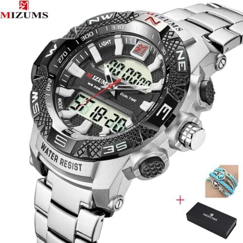 2019 MIZUMS Men Sports Watches Mens Double movement Quartz LED Digital Clock Male Waterproof Military Watch Men Wristwatch