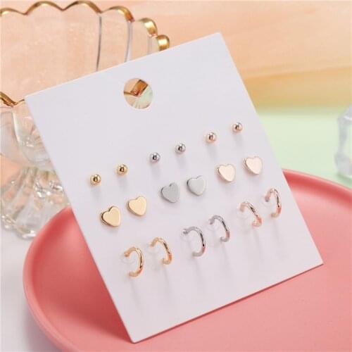 Fashion9Pairs/Set Cute Mixed Gold Silver Color Heart Circle Earring Sets Women Piercing Stud Earring Jewelry for Girl Party Gift