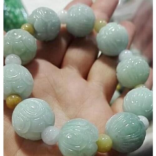 Natural jade Emerald 18mm Lotus Beads Bracelet Adjustable Bangle Charm Jewellery Fashion Accessories Hand-Carved Man Luck Amulet