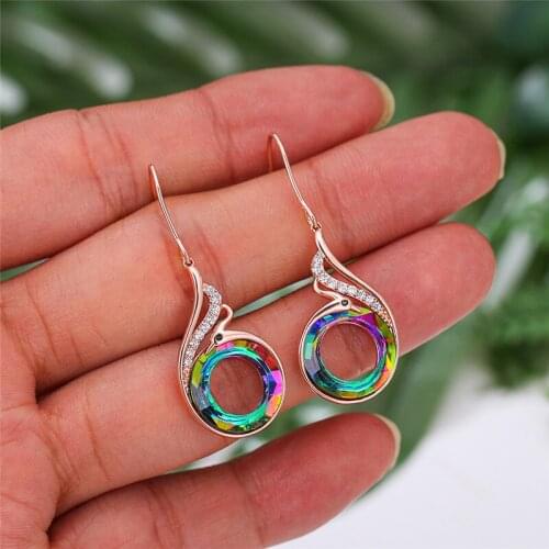 Charm Female Small Crane Drop Earrings Cute Rose Gold Bride Love Earrings Rainbow Crystal Wedding Earrings For Women