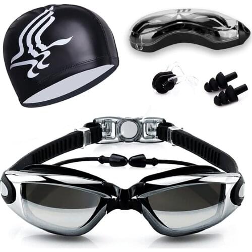 5 in 1 Swimming Goggles+Swim Cap+Nose Clip+Ear Plugs+Case Waterproof/No Leaking/Anti-Fog for Adult Men Women Youth Kids Child