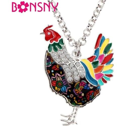 Bonsny Statement Enamel Alloy Rhinestone Chicken Hen Necklace Pendant Collar Farm Animal Jewelry For Women Girl Ladies Statement