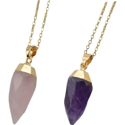 Cone-shape Stone Necklace With Gold Tone Chain Rock Crystal Jewelry Gift For Mother Daughter
