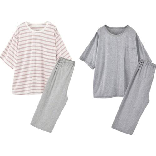 Loose Short Sleeve Half Pant Two Piece Set Ins Striped Comfortable 100% Cotton Pajamas Women Sleepwear Men Outside Wear Suit