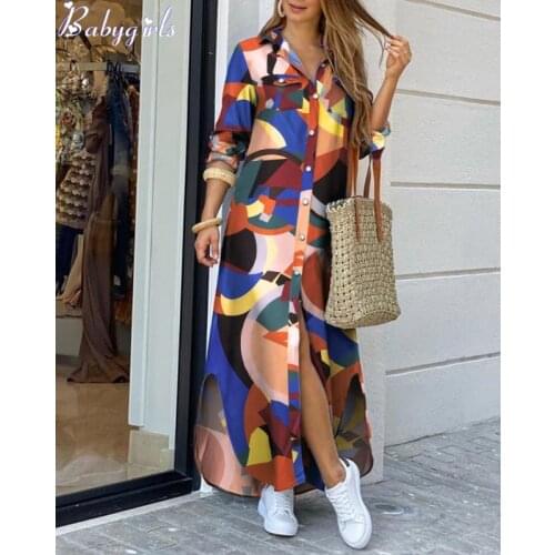 Fashion Women Long Sleeve Shirt Dress Autumn Printed OL Long Dresses Laides Turn-down Collar Loose Sundress Party white dress