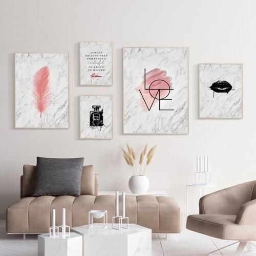 Simple northern Europe red lip pink feather perfume bottle porch sitting room mural poster prints canvas decorative picture
