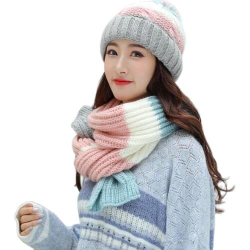 2020 New Lady Thick Plush Beanies Scarf Female Warm Accessories Girl Gift Autumn Winter Knitted Women Hat Scarf Set