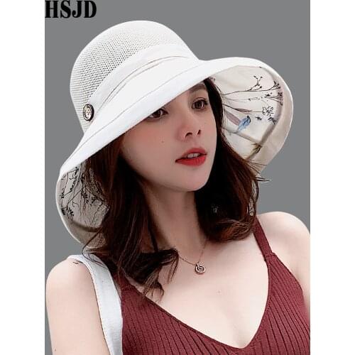 2019 Summer Big Wide Brim Flower Sun Hat for Women Mesh UV Protection Beach Hat Female Net Foldable Sun Hats Ladys Bucket Hat