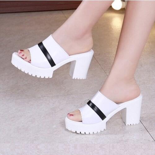 Big Size 32-43 Block Heels Platform Shoes Women Slippers Summer 2021 Stripe Leather Slides Woman High Heels Slipper Wedding Shoe