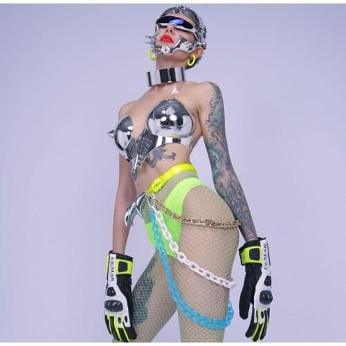 Punk Gogo Dance Outfit Metallic Bra Clubwear Prospective Costume Pole Dancing Clothes Western Wear Drag Queen Costumes DL7596