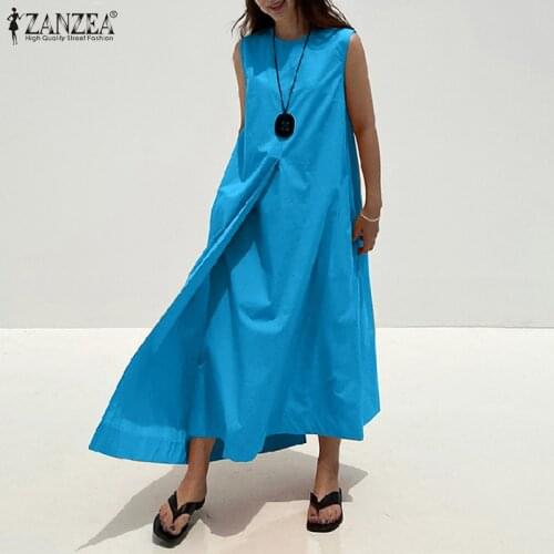 Vintage Women Dress ZANZEA 2021 Summer Asymmetrical Tank Maxi Vestido Casual Sleeveless Sundress Lady O-neck Loose Oversize Robe