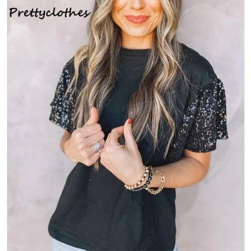 2021 Summer Clothes New Product Contrast Color Stitching Sequined Short-Sleeved T-Shirt Women Sexy Top Womens Clothing Designer