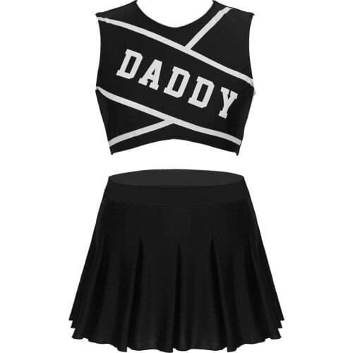 Womens Adult Schoolgirl Role Play Uniform Cheerleader DADDY Lover for Halloween Cosplay Costume Crop Top with Mini Pleated Skirt