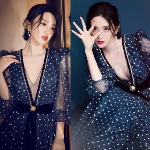 Dresses Women Shiny Polka Dots Dress Sexy Deep V Long Sleeve Long Dress Slim Diamonds Beaded Party Cele Dresses Vestidos SY110