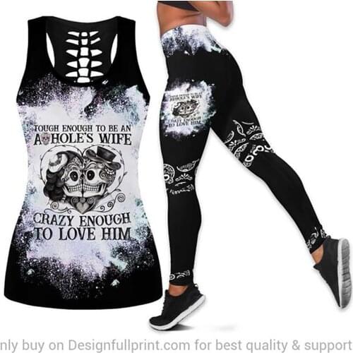 Womens Over Printed Yoga Suit Skull Mrazy Enough To Love Him Hollow Vest Tank Top High Waist Leggings Sports Ladies Suit