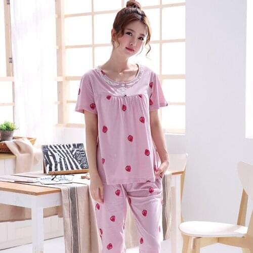 Strawberry Print Pink Casual Tracksuit Princess Lace Style Women Nightgown Pajama Set Summer Clothes For Female Cotton Sleepwear