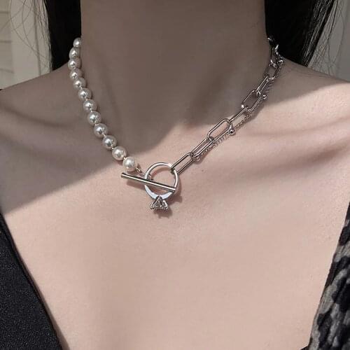 AENSOA Vintage Baroque Irregular Pearl Lock Chains Choker Necklace 2021 Unique Design Crystal Rings Pendant Necklaces for Women
