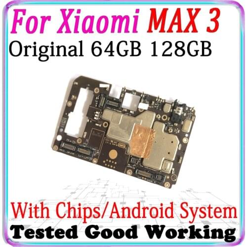 100% Tested Unlocked Main Board For Xiaomi MAX 3 MAX3 logic board Motherboard With Chips Circuits Flex Cable plate 64GB 128GB