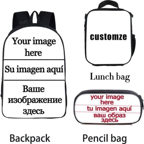 Customize Your Logo/ Name/ Image Backpack 3pcs/Set Children Pencil Bag Messenger Bags Portable Lunch Bag Boys Girls BookBag