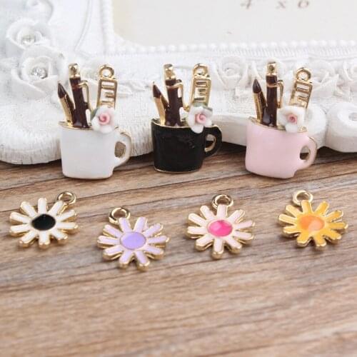 Free Shipping 50PCS Enamel Alloy Jewelry Charms Fashion Women Makeup Cup Daisy Sunflower DIY Bracelet Necklace Hair Bow Charm