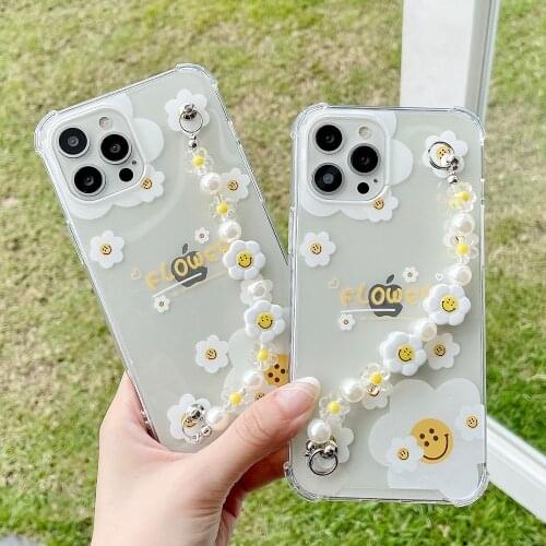 Wrist Chain Case for iPhone 11 Pro Max 7 8 Plus XR XS Max Transparent Cases Cute Smiley flower Chain Hanging Case for iPhone 12