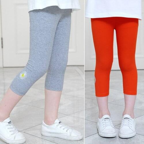 Children Girls Cropped Trousers Summer Girls Embroidered Flower Leggings Teenager Sweatpants