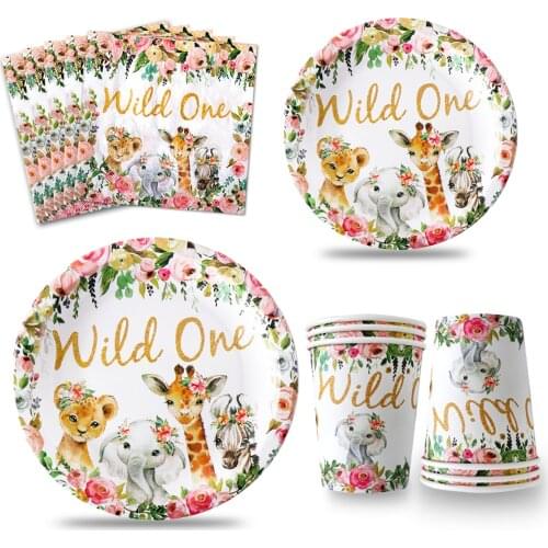 Wild One Disposable Tableware Girl Birthday Party Decor Kids Safari Woodland Forest Theme Parti DIY Jungle Baby Shower Girl