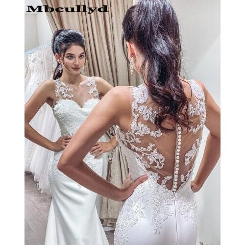 Mbcullyd Illusion Backless Wedding Dresses Long 2020 Applique Lace Mermaid Bridal Gowns Formal Sweep Train vestidos de novia