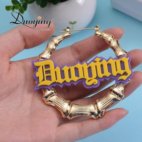 Duoying Hiphop Bamboo Acrylic Style Custom Earrings Sexy Bamboo Hoop Earrings Heart Mode Customize Name Earrings Statement