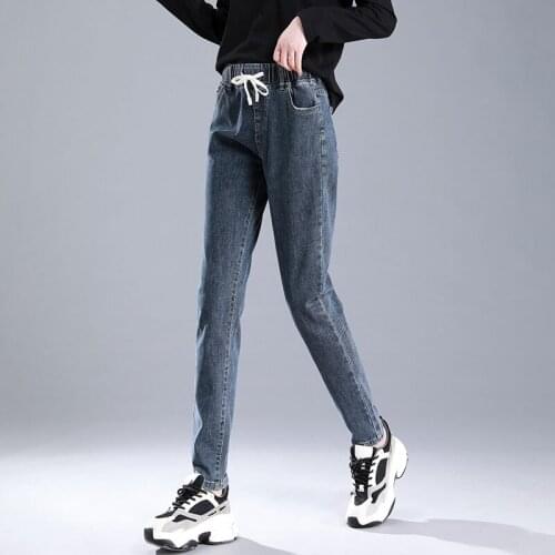 Autumn Stretch High Waist Womens Jeans Trousers Elastic Waist Lace Up Loose Casual Harem Pants Mujer Full Length Denim PlusSize
