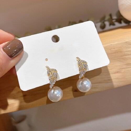 Exknl Wedding Stud Leaf Earrings For Women Boho Ethnic Crystal Party Simulated Pearl Fashion Earrings Christmas Jewelry 2020