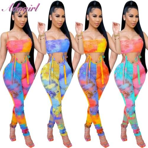 Fitness Sexy Tie Dye Print Spaghetti Strapless Lace Up Backless Jumpsuit Women Sexy Hollow Out Bandage Party Club Outfit Rompers