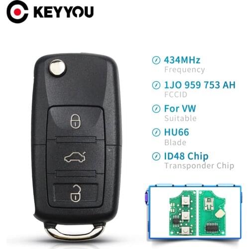 KEYYOU 433mhz Flip Remote Key Shell For VW Golf Passat Polo Jetta Touran Bora Sharan 1J0959753DA 1J0959753AH 1K0959753G ID48