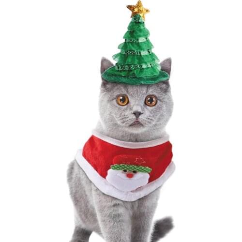 Pet Cat Costume Christmas Hat Bib Suit Cat Costume Dress Up New Cute Cat Clothes Christmas Tree Hat Ornaments Pet Supplies