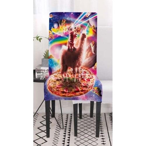 Sloth in Galaxy Space Chair Cover Funny Cartoon Alpaca with Pizza Cat Soft Spandex Fit Stretch Short Dining Room Chair Covers