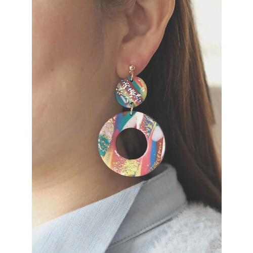 Trendy Gold Foil Touched Bohemian Fashion Polymer Clay Earring Hoop Stud shinny colorful Earrings