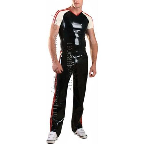 Sports style mens casual suit set including black summer latex t-shirt and latex trousers with 2 red stripes decorations