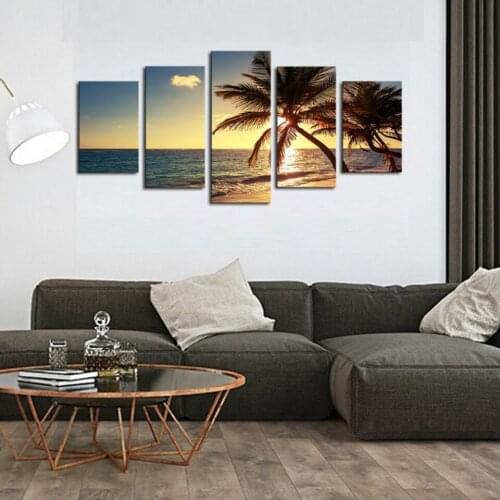 Full Drill Square Diamond Painting Sea Sunset Palm Trees 5d Embroidery Diamond Cross Stitch Home Decoration 5 Panel