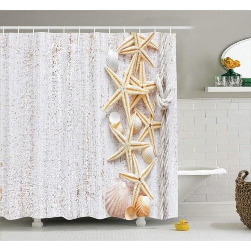 Seashells and Starfish Shower Curtain Vertical Direction Wood Surface Ocean Beach Fabric Bathroom Decor Set with Hooks