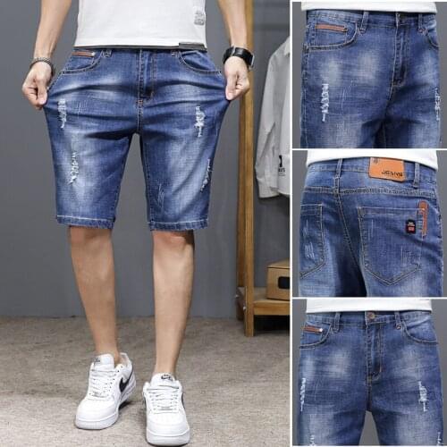 Mens Pure cotton Elasticity Jeans Ripped Shorts 2021 Summer New Fashion Casual Vintage Slim Fit Denim Shorts Male Brand Clothes