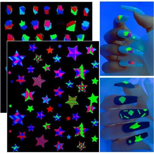 Nail Stickers Ins Fluorescence Adhesive Manicure Decals Colorful Glow At Night Flowers Bows DIY Nail Decoration