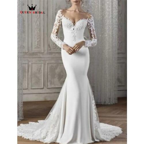 Wedding Dress 2021 Mermaid Long Sleeve Lace Flowers Appliques Simple Sexy Formal Bride Dress Custom Made KW35